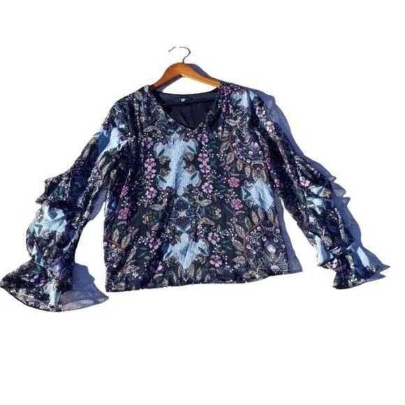 90's Iz Byer Boho Ruffled Bell Sleeve Metallic Threading FLoral Blouse Blue Sz L - Picture 1 of 12